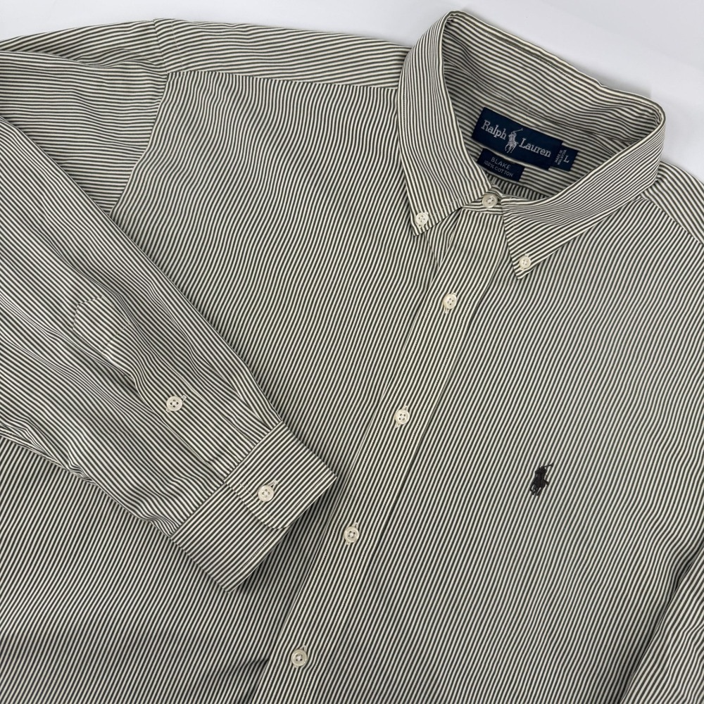 Ralph Lauren Button Down Shirt Mens L Olive Blake Pinstripe Cotton Long Sleeve